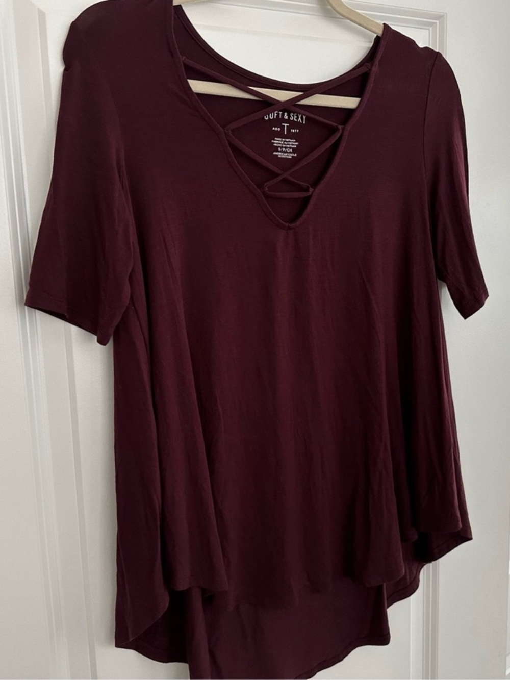 AE Burgundy Oxblood Soft & Sexy Tee - Lace Up Short Sleeve Blouse With Hi-lo Hem